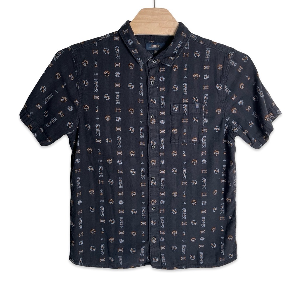 Roark Artifacts of Adventure Mens XL Black Organic Cotton Embroidered Shirt